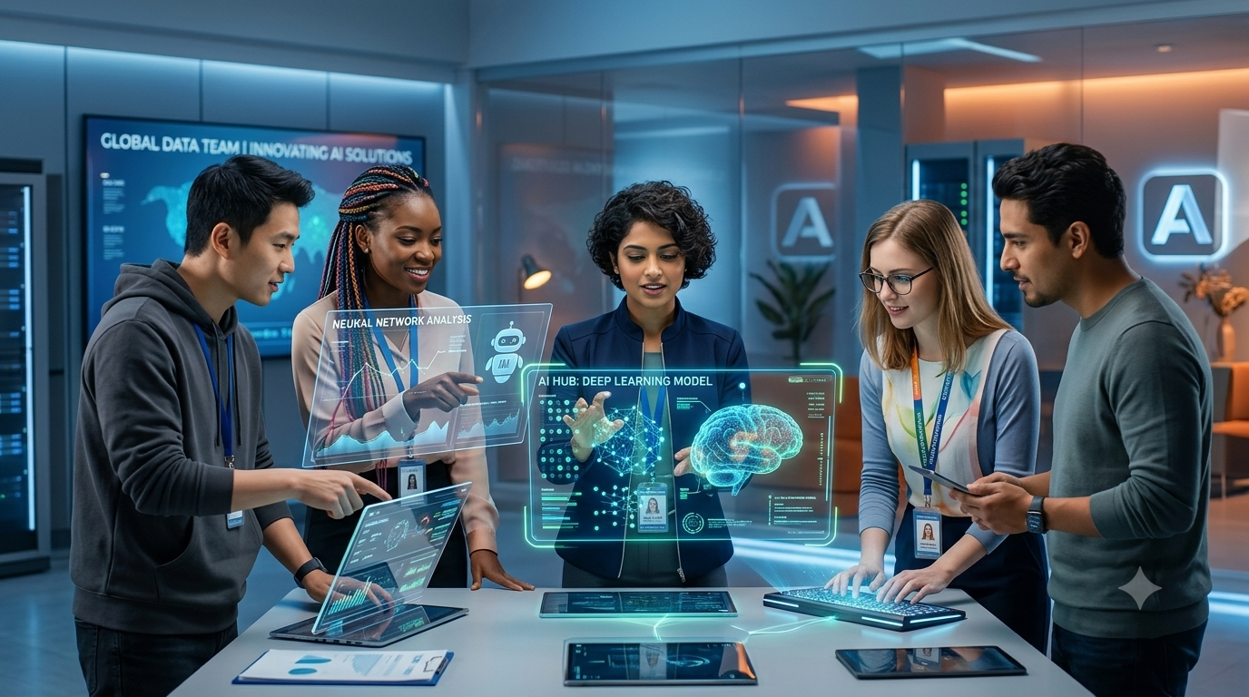 Enterprise software delivery team collaborating in a working session